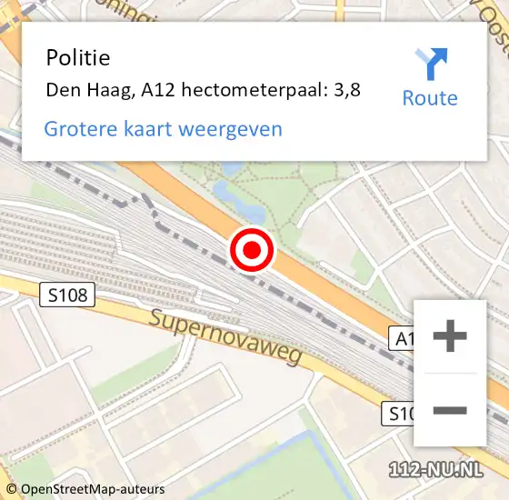 Locatie op kaart van de 112 melding: Politie Den Haag, A12 hectometerpaal: 3,8 op 7 september 2024 19:07