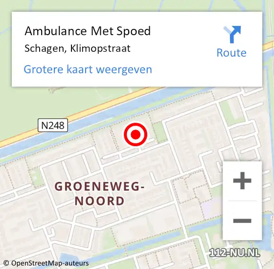 Locatie op kaart van de 112 melding: Ambulance Met Spoed Naar Schagen, Klimopstraat op 7 september 2024 19:55