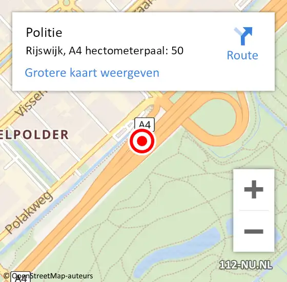 Locatie op kaart van de 112 melding: Politie Rijswijk, A4 hectometerpaal: 50 op 7 september 2024 20:17