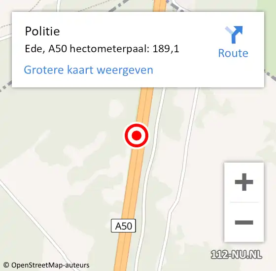 Locatie op kaart van de 112 melding: Politie Ede, A50 hectometerpaal: 189,1 op 7 september 2024 21:31