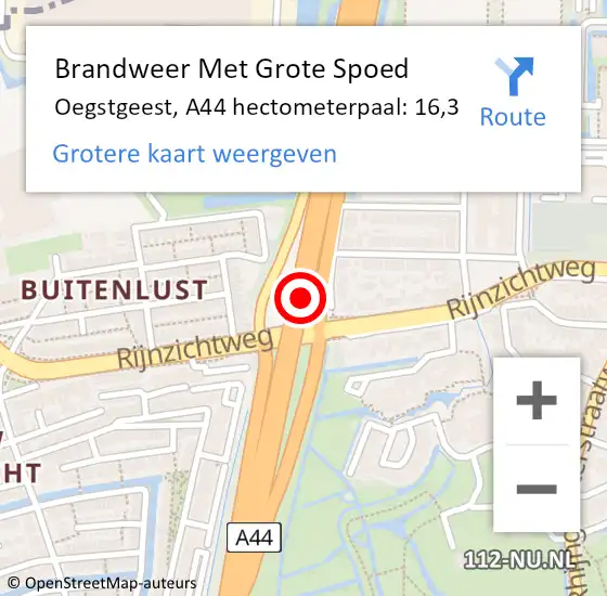 Locatie op kaart van de 112 melding: Brandweer Met Grote Spoed Naar Oegstgeest, A44 hectometerpaal: 16,3 op 7 september 2024 23:27