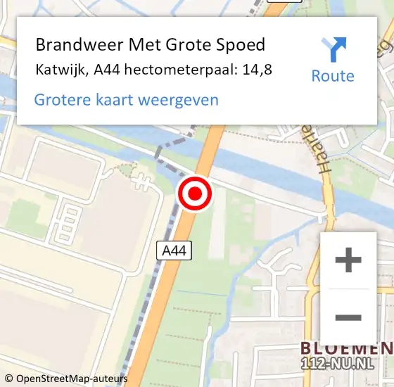 Locatie op kaart van de 112 melding: Brandweer Met Grote Spoed Naar Katwijk, A44 hectometerpaal: 14,8 op 7 september 2024 23:32