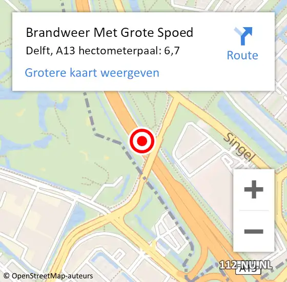 Locatie op kaart van de 112 melding: Brandweer Met Grote Spoed Naar Delft, A13 hectometerpaal: 6,7 op 7 september 2024 23:56