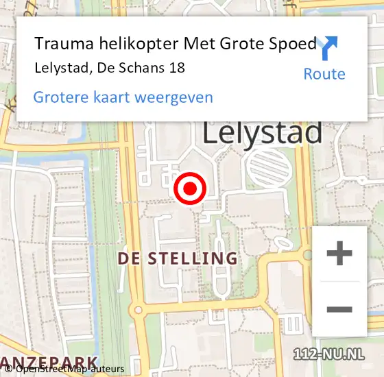 Locatie op kaart van de 112 melding: Trauma helikopter Met Grote Spoed Naar Lelystad, De Schans 18 op 8 september 2024 00:55