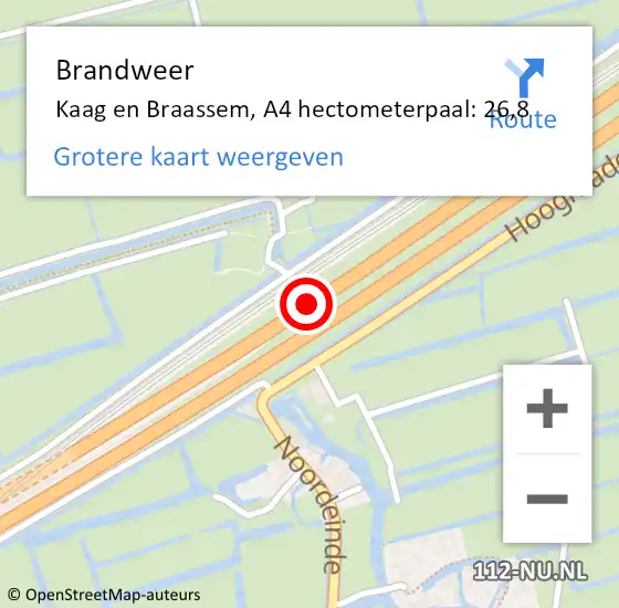 Locatie op kaart van de 112 melding: Brandweer Kaag en Braassem, A4 hectometerpaal: 26,8 op 8 september 2024 01:26