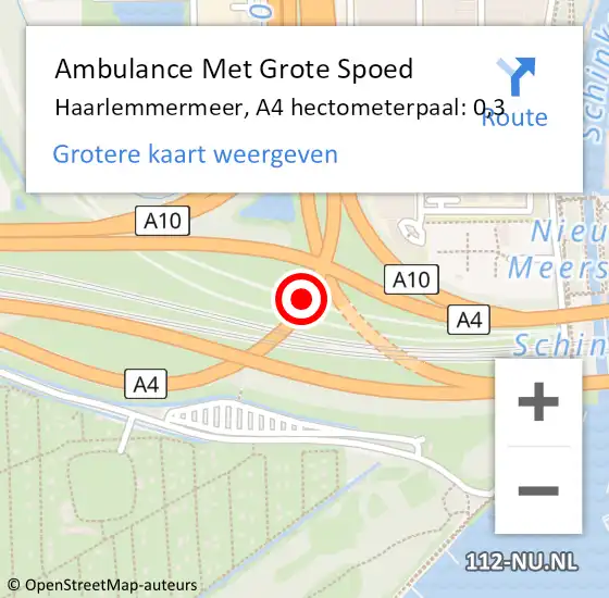 Locatie op kaart van de 112 melding: Ambulance Met Grote Spoed Naar Haarlemmermeer, A4 hectometerpaal: 0,3 op 8 september 2024 03:45