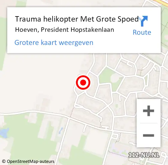 Locatie op kaart van de 112 melding: Trauma helikopter Met Grote Spoed Naar Hoeven, President Hopstakenlaan op 8 september 2024 06:12