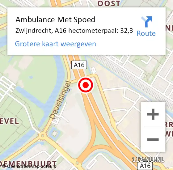 Locatie op kaart van de 112 melding: Ambulance Met Spoed Naar Zwijndrecht, A16 hectometerpaal: 32,3 op 8 september 2024 06:31