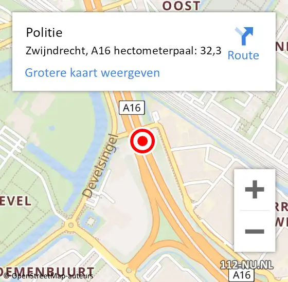 Locatie op kaart van de 112 melding: Politie Zwijndrecht, A16 hectometerpaal: 32,3 op 8 september 2024 06:31