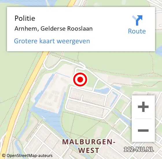 Locatie op kaart van de 112 melding: Politie Arnhem, Gelderse Rooslaan op 8 september 2024 07:24