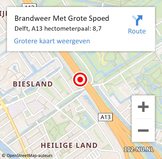 Locatie op kaart van de 112 melding: Brandweer Met Grote Spoed Naar Delft, A13 hectometerpaal: 8,7 op 8 september 2024 08:30