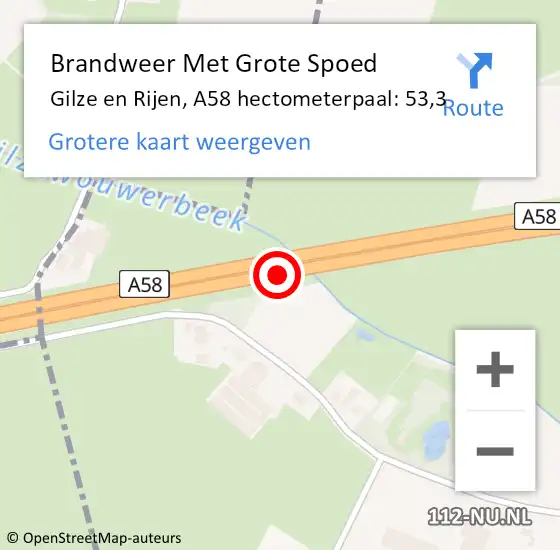 Locatie op kaart van de 112 melding: Brandweer Met Grote Spoed Naar Gilze en Rijen, A58 hectometerpaal: 53,3 op 8 september 2024 08:45