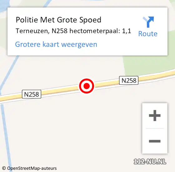 Locatie op kaart van de 112 melding: Politie Met Grote Spoed Naar Terneuzen, N258 hectometerpaal: 1,1 op 8 september 2024 10:34