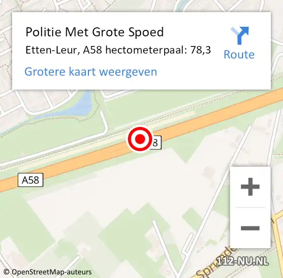 Locatie op kaart van de 112 melding: Politie Met Grote Spoed Naar Etten-Leur, A58 hectometerpaal: 78,3 op 8 september 2024 11:55