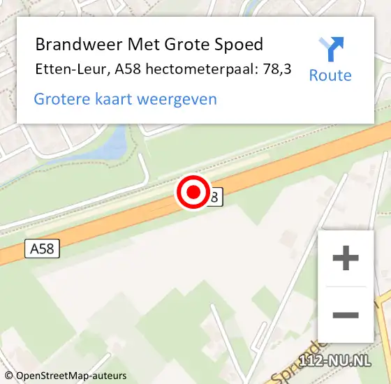 Locatie op kaart van de 112 melding: Brandweer Met Grote Spoed Naar Etten-Leur, A58 hectometerpaal: 78,3 op 8 september 2024 11:56