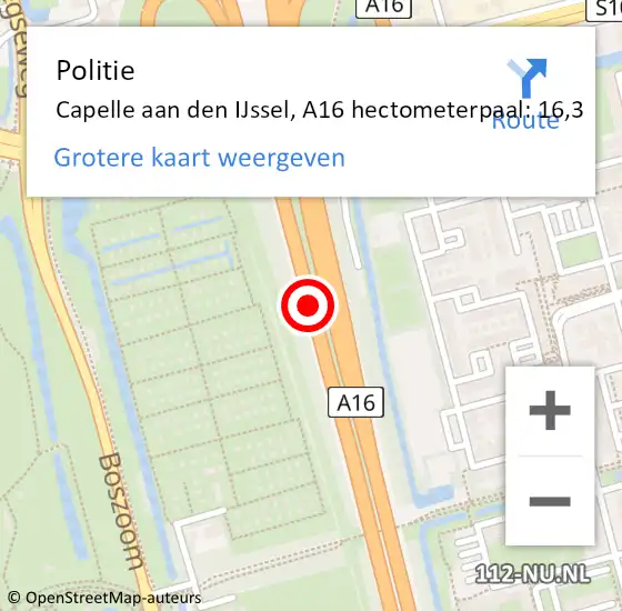 Locatie op kaart van de 112 melding: Politie Capelle aan den IJssel, A16 hectometerpaal: 16,3 op 8 september 2024 13:35