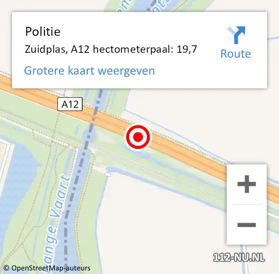 Locatie op kaart van de 112 melding: Politie Zuidplas, A12 hectometerpaal: 19,7 op 8 september 2024 14:27