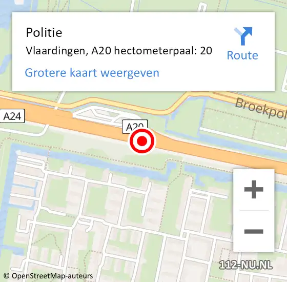 Locatie op kaart van de 112 melding: Politie Vlaardingen, A20 hectometerpaal: 20 op 8 september 2024 14:41