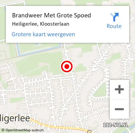 Locatie op kaart van de 112 melding: Brandweer Met Grote Spoed Naar Heiligerlee, Kloosterlaan op 8 september 2024 14:49