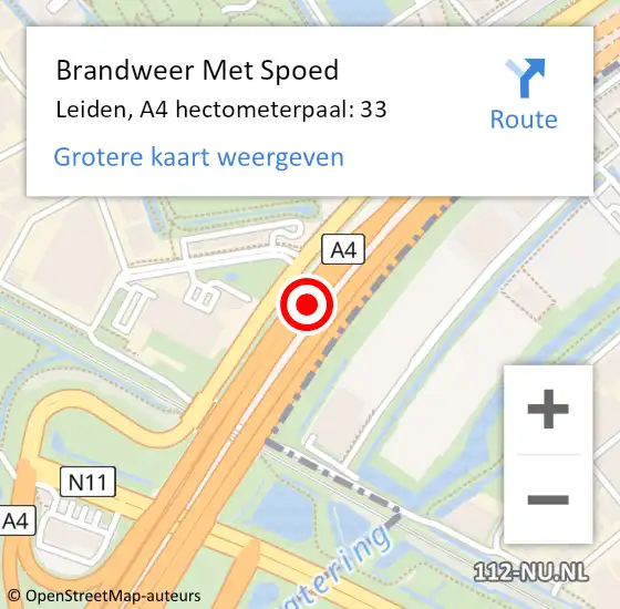 Locatie op kaart van de 112 melding: Brandweer Met Spoed Naar Leiden, A4 hectometerpaal: 33 op 8 september 2024 15:05