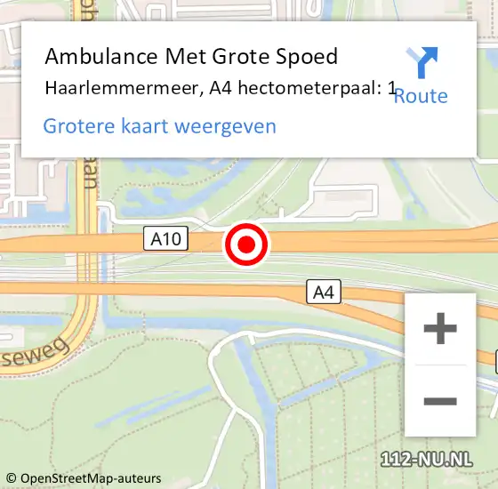 Locatie op kaart van de 112 melding: Ambulance Met Grote Spoed Naar Haarlemmermeer, A4 hectometerpaal: 1 op 8 september 2024 15:41