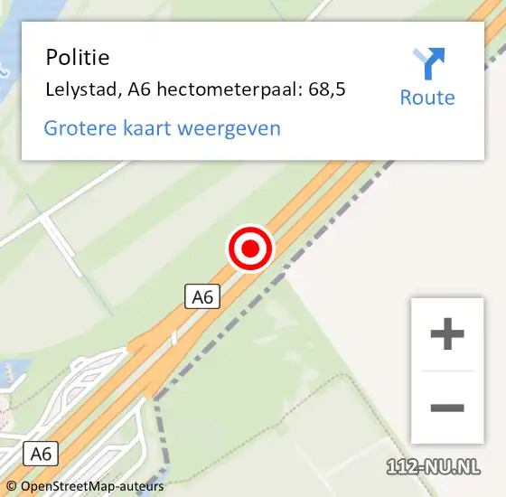 Locatie op kaart van de 112 melding: Politie Lelystad, A6 hectometerpaal: 68,5 op 8 september 2024 16:35