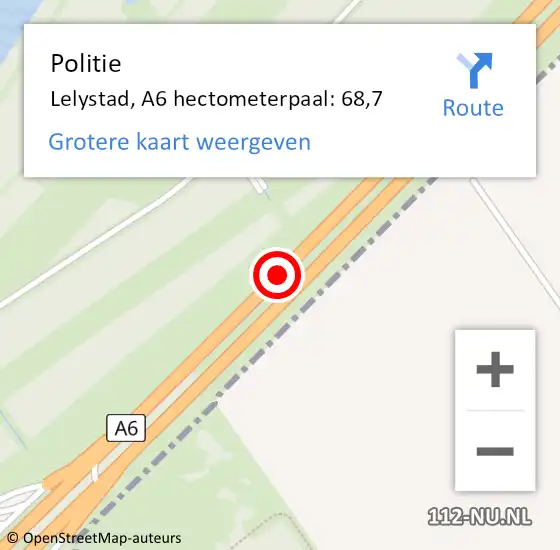 Locatie op kaart van de 112 melding: Politie Lelystad, A6 hectometerpaal: 68,7 op 8 september 2024 16:38