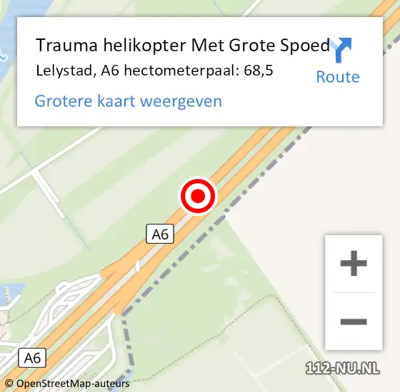 Locatie op kaart van de 112 melding: Trauma helikopter Met Grote Spoed Naar Lelystad, A6 hectometerpaal: 68,5 op 8 september 2024 16:38