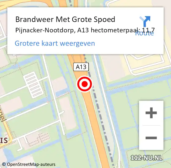 Locatie op kaart van de 112 melding: Brandweer Met Grote Spoed Naar Pijnacker-Nootdorp, A13 hectometerpaal: 11,7 op 8 september 2024 16:48