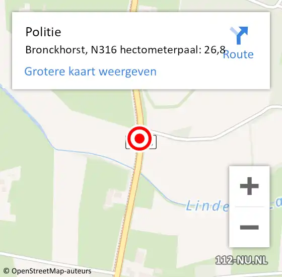 Locatie op kaart van de 112 melding: Politie Bronckhorst, N316 hectometerpaal: 26,8 op 8 september 2024 17:19