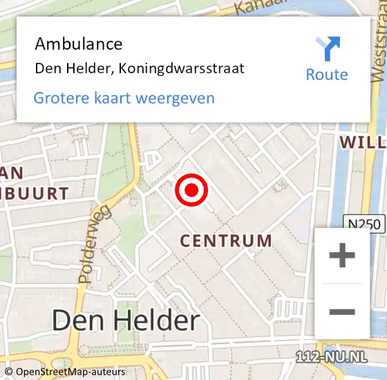 Locatie op kaart van de 112 melding: Ambulance Den Helder, Koningdwarsstraat op 8 september 2024 18:06