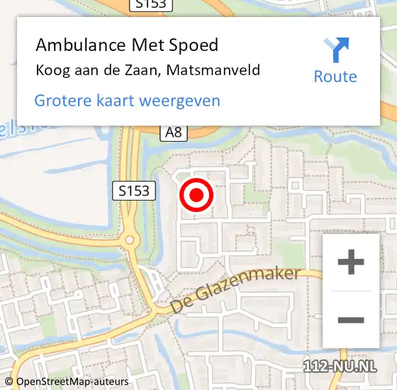 Locatie op kaart van de 112 melding: Ambulance Met Spoed Naar Koog aan de Zaan, Matsmanveld op 8 september 2024 18:13