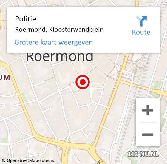 Locatie op kaart van de 112 melding: Politie Roermond, Kloosterwandplein op 8 september 2024 18:41