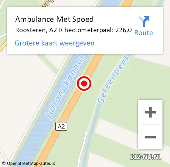 Locatie op kaart van de 112 melding: Ambulance Met Spoed Naar Roosteren, A2 L hectometerpaal: 227,0 op 19 oktober 2014 12:54