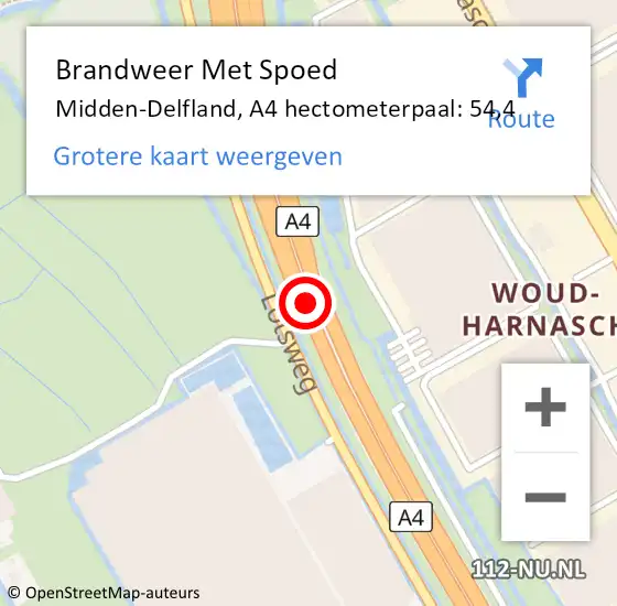 Locatie op kaart van de 112 melding: Brandweer Met Spoed Naar Midden-Delfland, A4 hectometerpaal: 54,4 op 8 september 2024 21:22