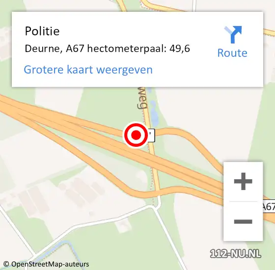 Locatie op kaart van de 112 melding: Politie Deurne, A67 hectometerpaal: 49,6 op 8 september 2024 21:25