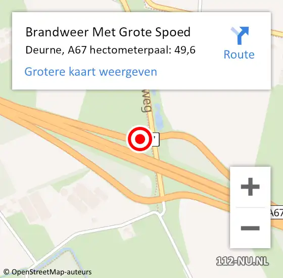 Locatie op kaart van de 112 melding: Brandweer Met Grote Spoed Naar Deurne, A67 hectometerpaal: 49,6 op 8 september 2024 21:25