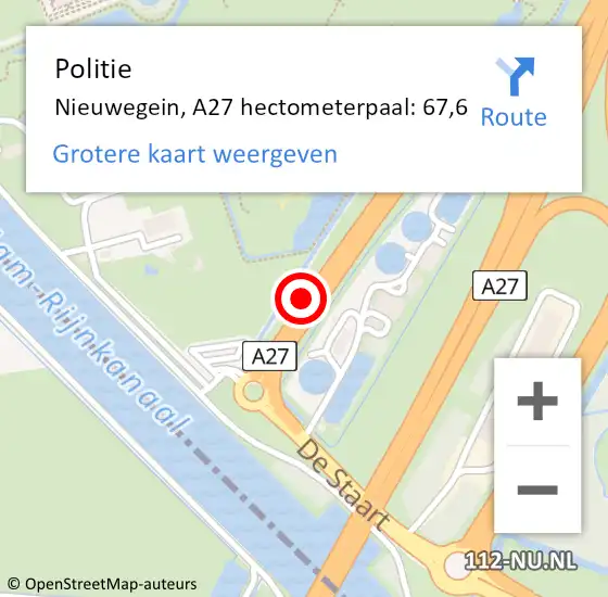 Locatie op kaart van de 112 melding: Politie Nieuwegein, A27 hectometerpaal: 67,6 op 8 september 2024 21:26