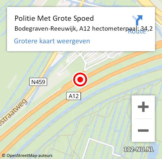 Locatie op kaart van de 112 melding: Politie Met Grote Spoed Naar Bodegraven-Reeuwijk, A12 hectometerpaal: 34,2 op 8 september 2024 21:33