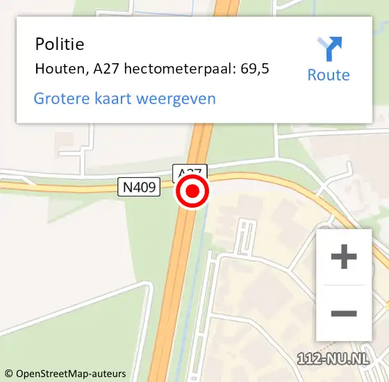 Locatie op kaart van de 112 melding: Politie Houten, A27 hectometerpaal: 69,5 op 8 september 2024 22:21