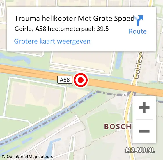 Locatie op kaart van de 112 melding: Trauma helikopter Met Grote Spoed Naar Goirle, A58 hectometerpaal: 39,5 op 8 september 2024 23:16