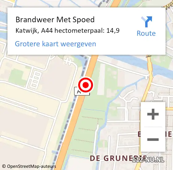 Locatie op kaart van de 112 melding: Brandweer Met Spoed Naar Katwijk, A44 hectometerpaal: 14,9 op 9 september 2024 00:30