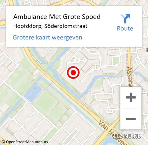 Locatie op kaart van de 112 melding: Ambulance Met Grote Spoed Naar Hoofddorp, Söderblomstraat op 9 september 2024 01:50