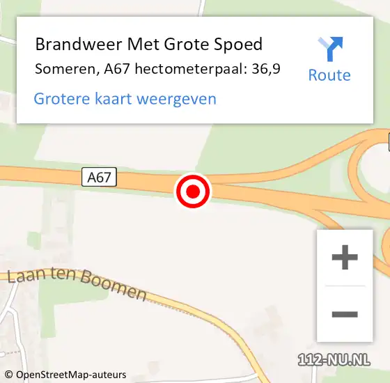 Locatie op kaart van de 112 melding: Brandweer Met Grote Spoed Naar Someren, A67 hectometerpaal: 36,9 op 9 september 2024 02:48