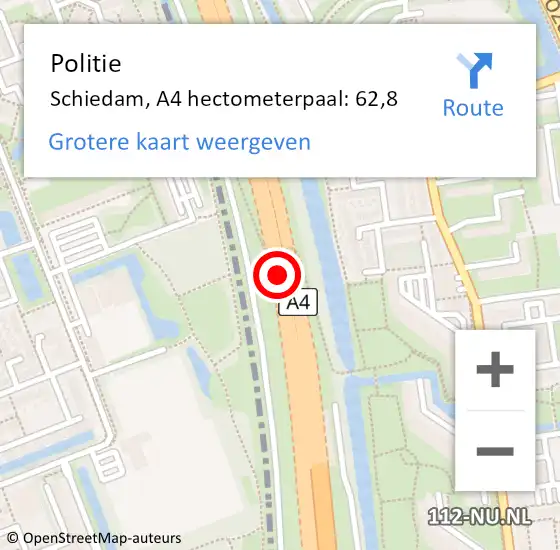 Locatie op kaart van de 112 melding: Politie Schiedam, A4 hectometerpaal: 62,8 op 9 september 2024 05:12