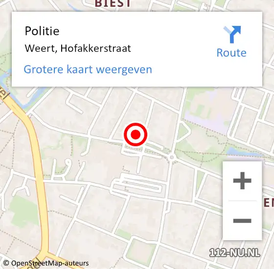 Locatie op kaart van de 112 melding: Politie Weert, Hofakkerstraat op 9 september 2024 06:47