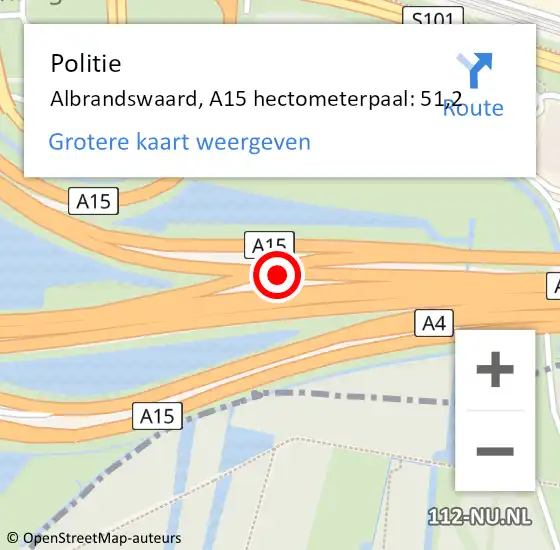 Locatie op kaart van de 112 melding: Politie Albrandswaard, A15 hectometerpaal: 51,2 op 9 september 2024 06:57