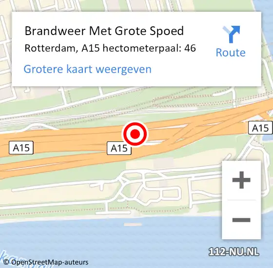 Locatie op kaart van de 112 melding: Brandweer Met Grote Spoed Naar Rotterdam, A15 hectometerpaal: 46 op 9 september 2024 07:00