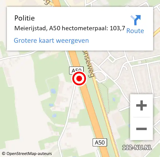 Locatie op kaart van de 112 melding: Politie Meierijstad, A50 hectometerpaal: 103,7 op 9 september 2024 07:10