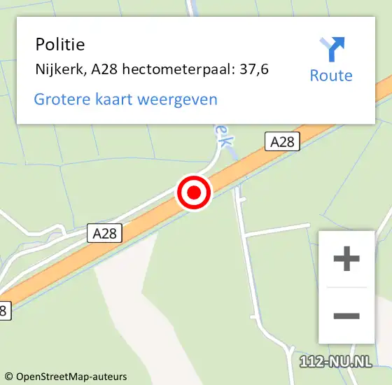 Locatie op kaart van de 112 melding: Politie Nijkerk, A28 hectometerpaal: 37,6 op 9 september 2024 07:40